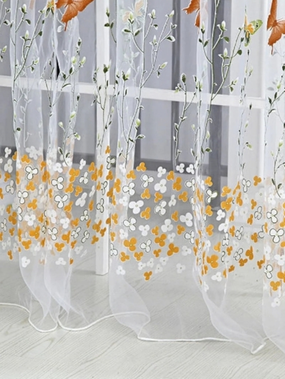 - 4 White & Orange Floral Print Curtains For Home Decor